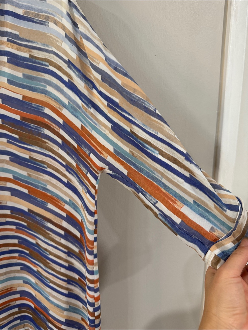 Nic + Zoe Blue, Brown Orange Striped V-Neck longline Tunic blouse boho chic - Picture 4 of 7